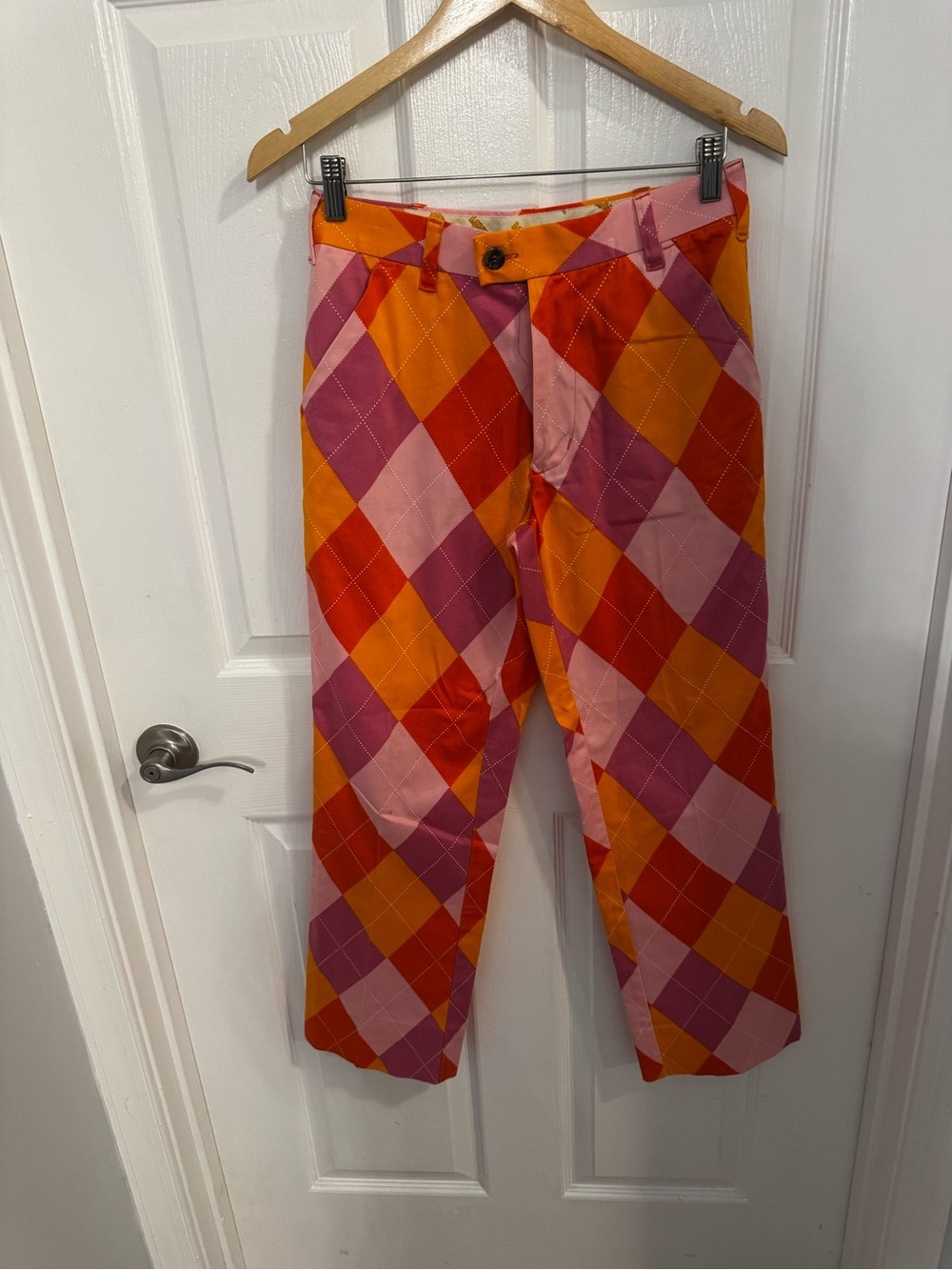Loudmouth Men's Argyle Chinos in Raspberry Surebet, size 28